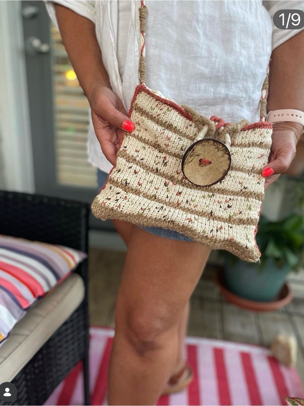 Handcrafted Cream and Tan Knit Crossbody Bag